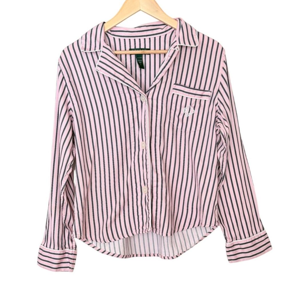 Lauren Ralph Lauren Pajama Top Womens L Pink Navy Blue Striped Cotton Preppy